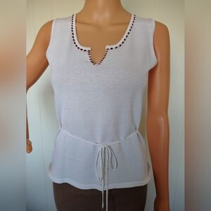 Bob Mackie White Sleeveless Knit Tank with Beaded Trim Size PS